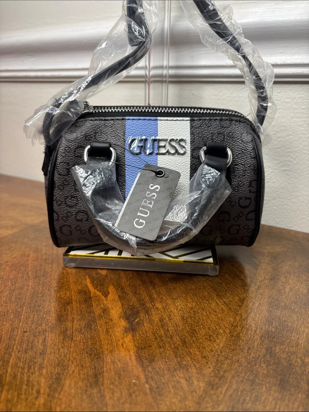 Guess Black Mini Satchel with Blue and White Center Stripe and crossbody strap - Picture 3 of 16